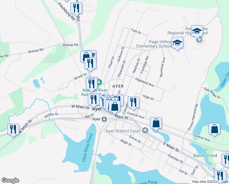 map of restaurants, bars, coffee shops, grocery stores, and more near 43 Pleasant Street in Ayer