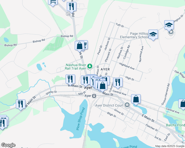 map of restaurants, bars, coffee shops, grocery stores, and more near 9 Pearl Street in Ayer