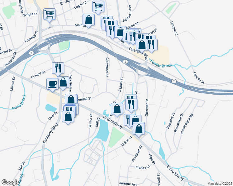 map of restaurants, bars, coffee shops, grocery stores, and more near 115 Glenwood Street in Gardner