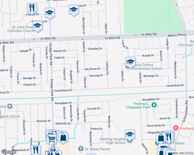 map of restaurants, bars, coffee shops, grocery stores, and more near 12352 De Grove Drive in Sterling Heights