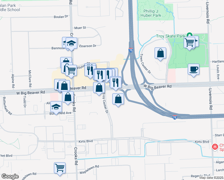 map of restaurants, bars, coffee shops, grocery stores, and more near 755 West Big Beaver Road in Troy