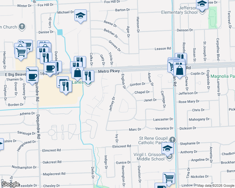 map of restaurants, bars, coffee shops, grocery stores, and more near 36484 Jeffrey Drive in Sterling Heights
