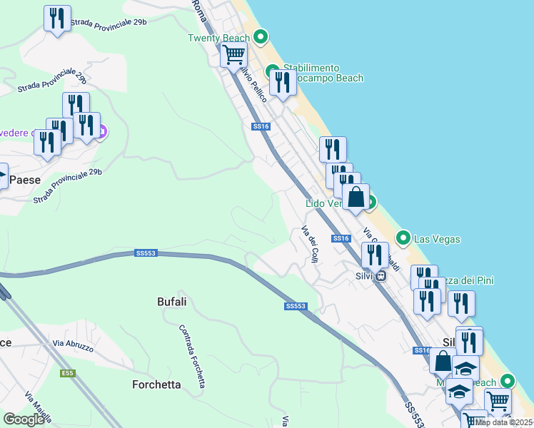 map of restaurants, bars, coffee shops, grocery stores, and more near 25/D Contrada Stagliano in Silvi