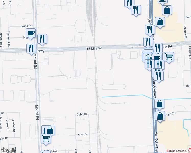 map of restaurants, bars, coffee shops, grocery stores, and more near 7150 Metropolitan Parkway in Sterling Heights