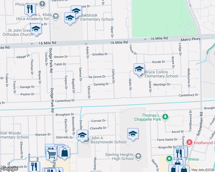 map of restaurants, bars, coffee shops, grocery stores, and more near 12435 Deming Drive in Sterling Heights