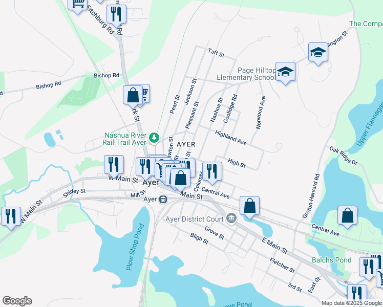 map of restaurants, bars, coffee shops, grocery stores, and more near 10 Nashua Street in Ayer