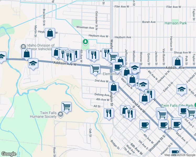 map of restaurants, bars, coffee shops, grocery stores, and more near 156 Austin Avenue in Twin Falls