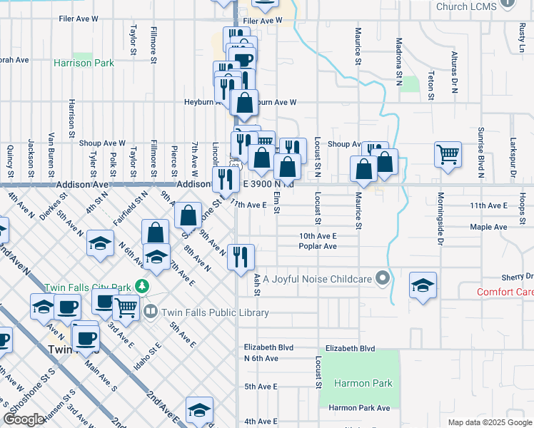map of restaurants, bars, coffee shops, grocery stores, and more near 1141 11th Avenue East in Twin Falls