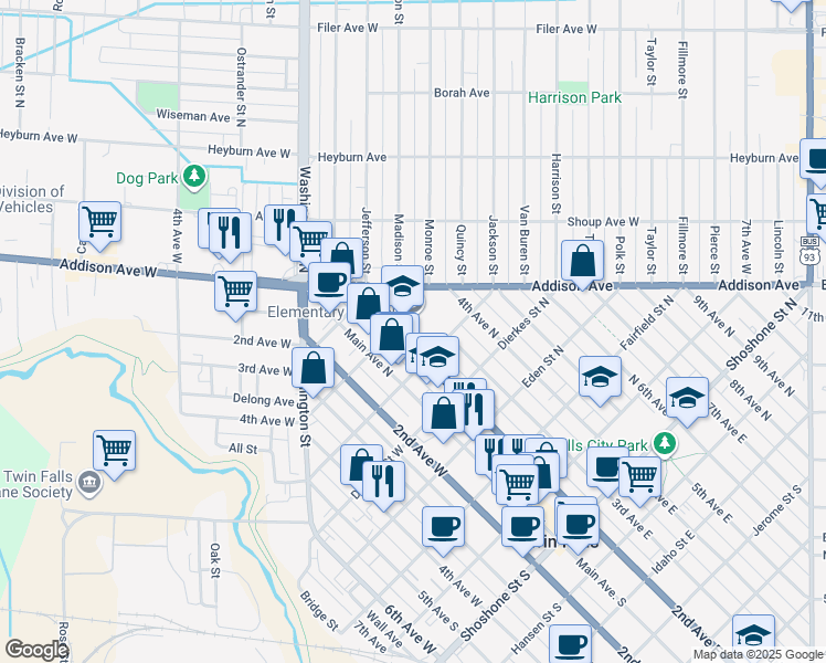 map of restaurants, bars, coffee shops, grocery stores, and more near 238 7th Street North in Twin Falls