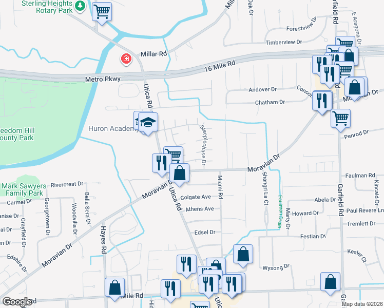 map of restaurants, bars, coffee shops, grocery stores, and more near 15771 Montego Bay Court in Clinton Township