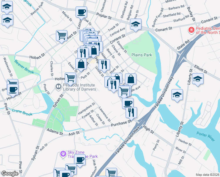map of restaurants, bars, coffee shops, grocery stores, and more near 61 High Street in Danvers