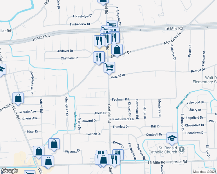 map of restaurants, bars, coffee shops, grocery stores, and more near 36201 Garfield Road in Charter Township of Clinton