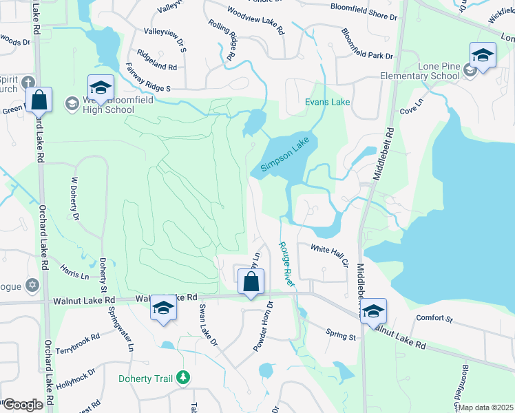 map of restaurants, bars, coffee shops, grocery stores, and more near 5227 Simpson Lake Road in West Bloomfield Township