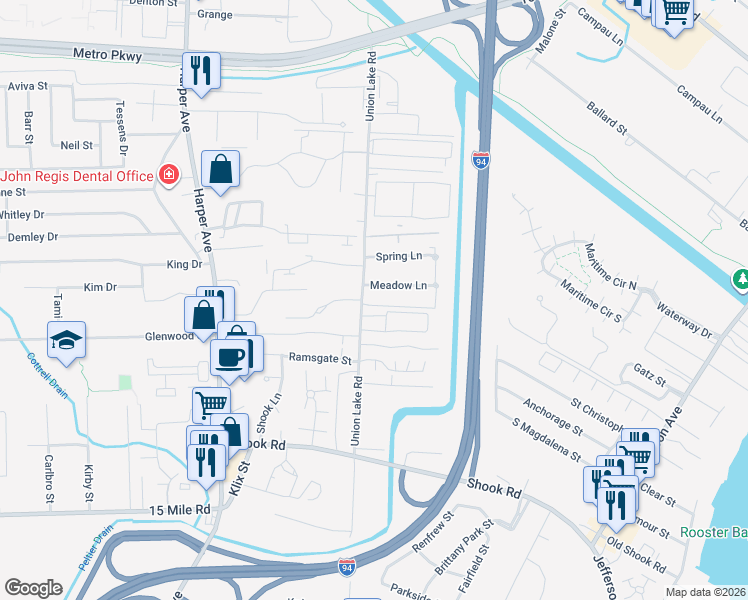 map of restaurants, bars, coffee shops, grocery stores, and more near 24662 Meadow Lane in Harrison Township