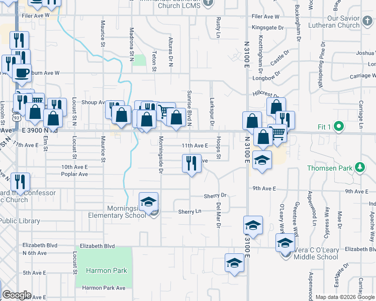 map of restaurants, bars, coffee shops, grocery stores, and more near 2005 11th Avenue East in Twin Falls