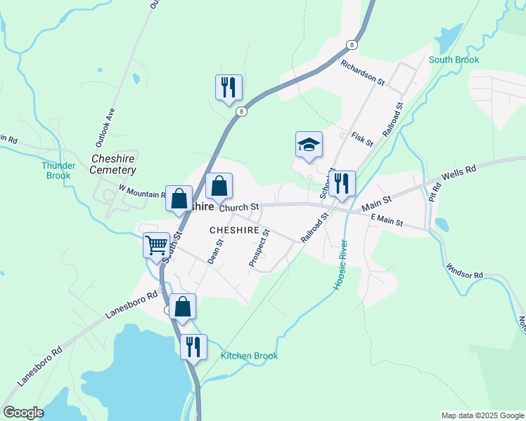 map of restaurants, bars, coffee shops, grocery stores, and more near 127 Church Street in Cheshire