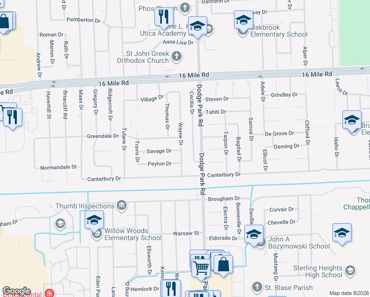 map of restaurants, bars, coffee shops, grocery stores, and more near 36470 Wayne Drive in Sterling Heights