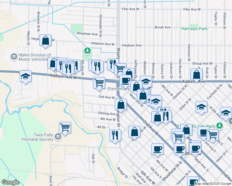 map of restaurants, bars, coffee shops, grocery stores, and more near 843 Main Avenue West in Twin Falls