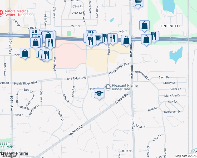 map of restaurants, bars, coffee shops, grocery stores, and more near 9300 Prairie Ridge Boulevard in Pleasant Prairie
