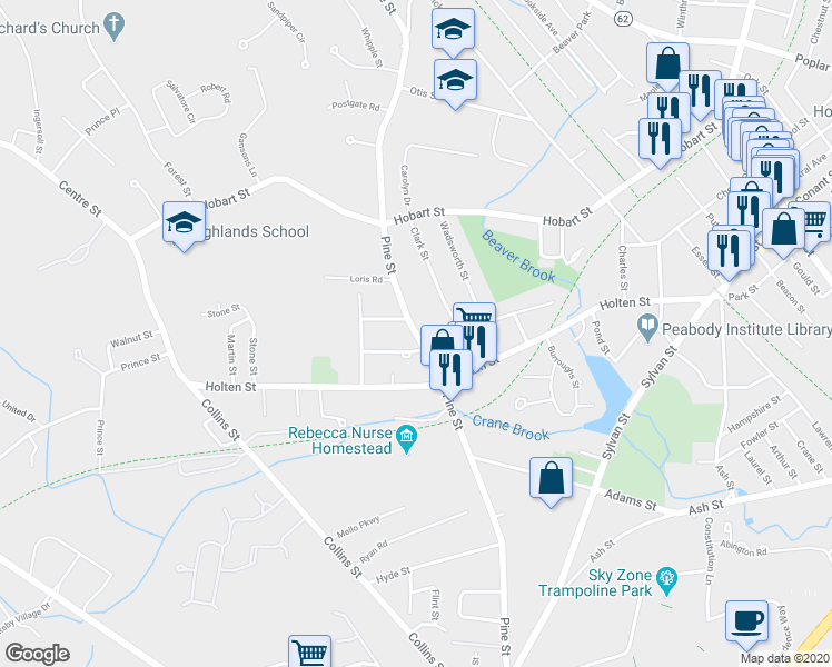 map of restaurants, bars, coffee shops, grocery stores, and more near 122 Pine Street in Danvers