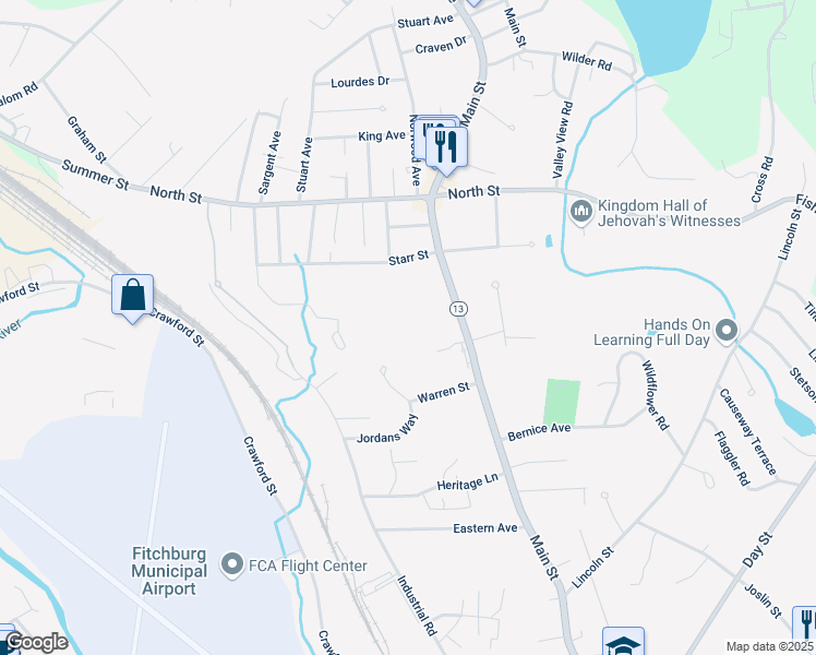 map of restaurants, bars, coffee shops, grocery stores, and more near 1188 Main Street in Leominster