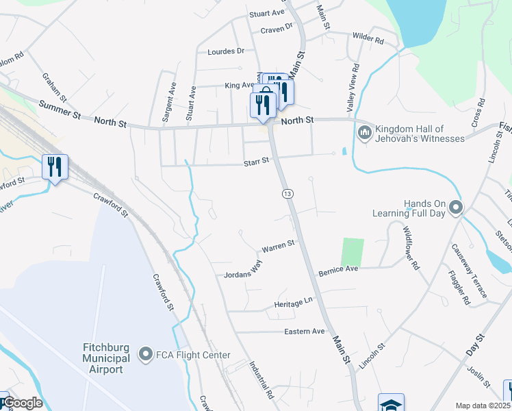 map of restaurants, bars, coffee shops, grocery stores, and more near 1188 Main Street in Leominster