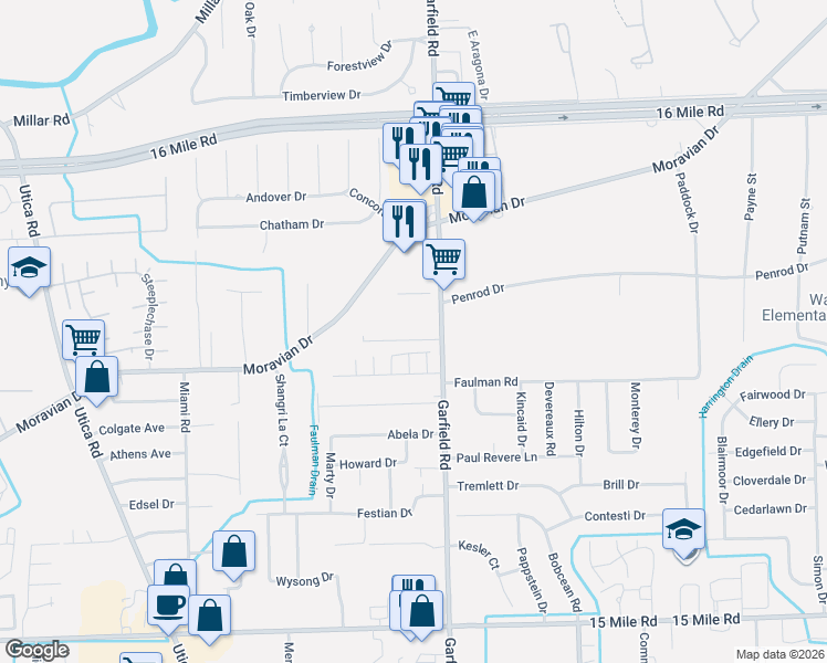 map of restaurants, bars, coffee shops, grocery stores, and more near 36201 Garfield Road in Clinton Township