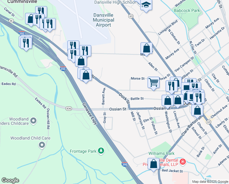 map of restaurants, bars, coffee shops, grocery stores, and more near 85 Franklin Street in Dansville