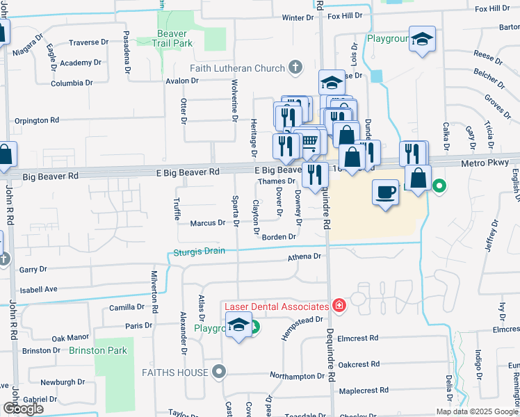 map of restaurants, bars, coffee shops, grocery stores, and more near 2828 Clayton Court in Troy