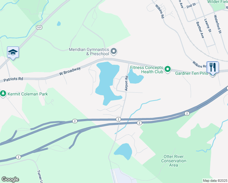 map of restaurants, bars, coffee shops, grocery stores, and more near 77 Kendall Pond Road East in Gardner