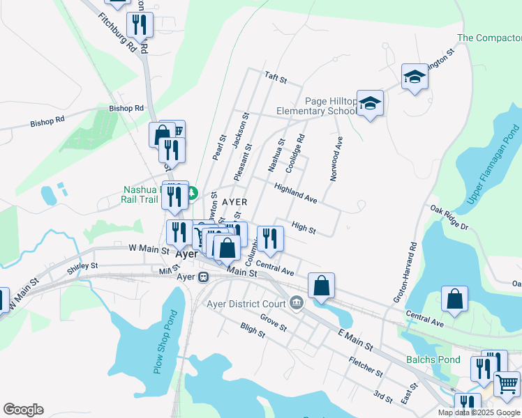 map of restaurants, bars, coffee shops, grocery stores, and more near 10 Nashua Street in Ayer