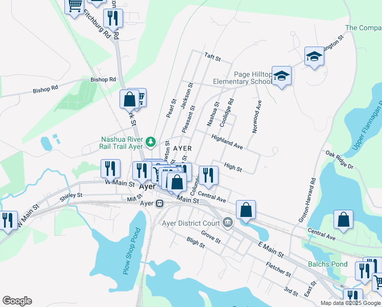 map of restaurants, bars, coffee shops, grocery stores, and more near 10 Nashua Street in Ayer
