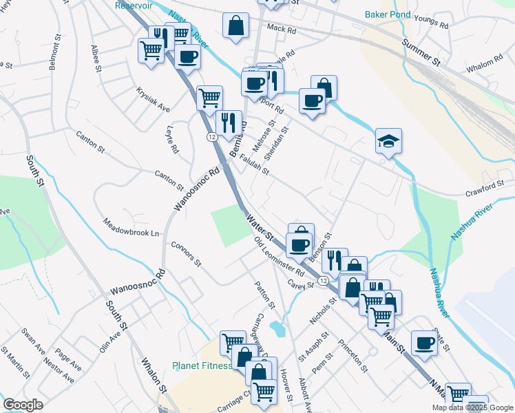 map of restaurants, bars, coffee shops, grocery stores, and more near 29-31 Hartford Street in Fitchburg