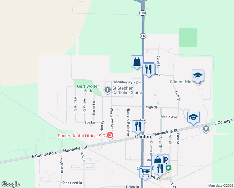 map of restaurants, bars, coffee shops, grocery stores, and more near 509-599 Westview Avenue in Clinton