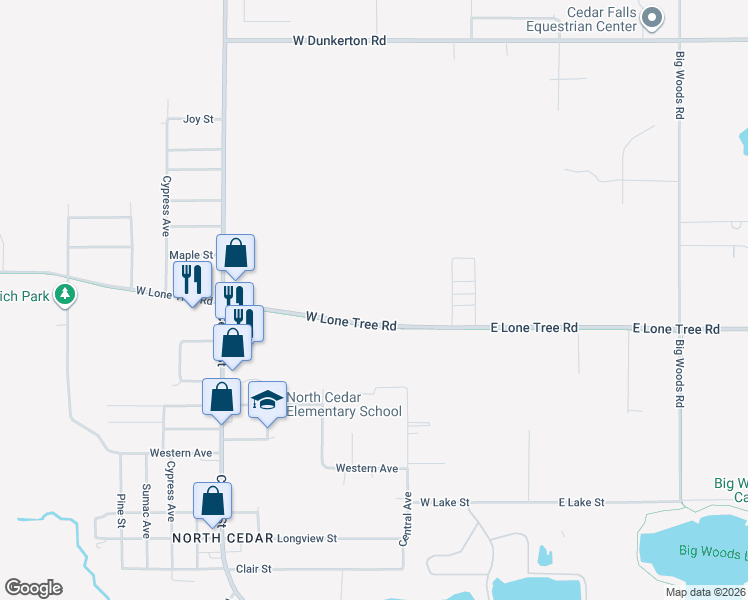 map of restaurants, bars, coffee shops, grocery stores, and more near 327 West Lone Tree Road in Cedar Falls
