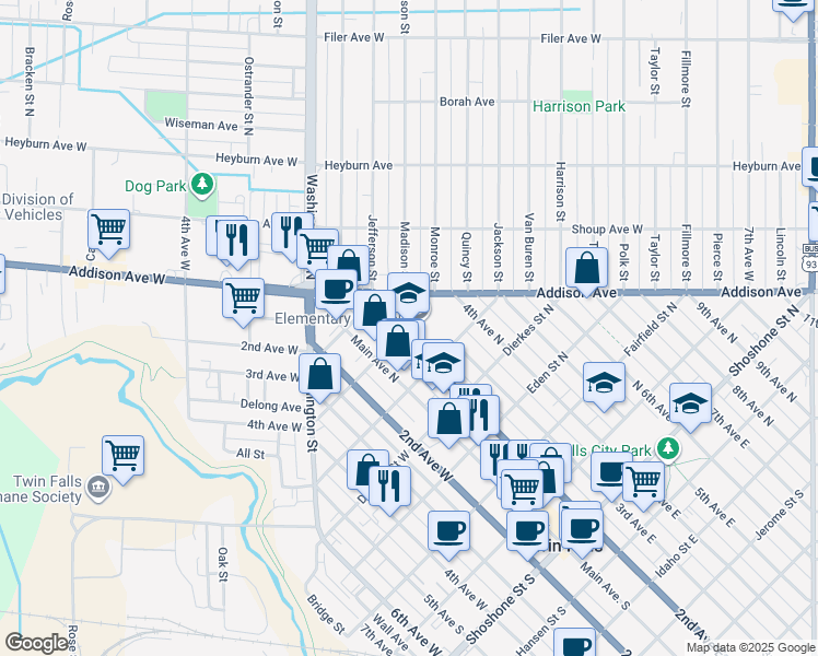 map of restaurants, bars, coffee shops, grocery stores, and more near 238 7th Street North in Twin Falls