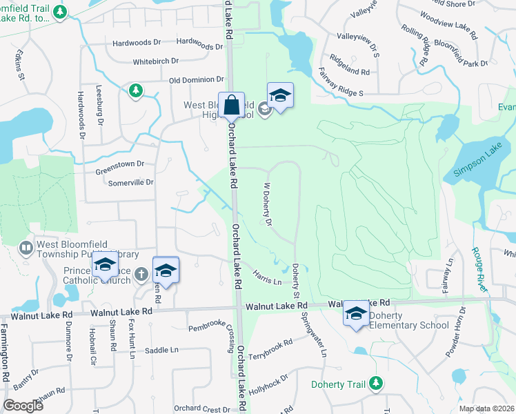 map of restaurants, bars, coffee shops, grocery stores, and more near 5346 West Doherty Drive in West Bloomfield Township