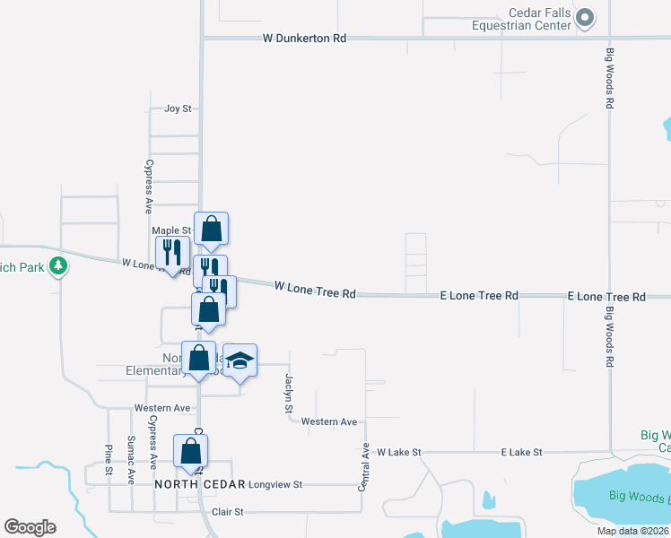 map of restaurants, bars, coffee shops, grocery stores, and more near 327 West Lone Tree Road in Cedar Falls