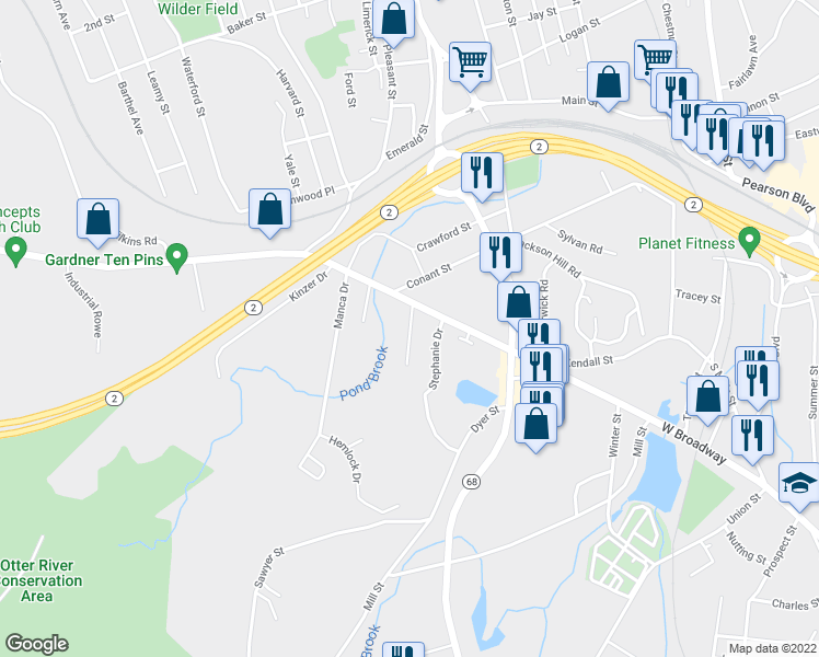 map of restaurants, bars, coffee shops, grocery stores, and more near Pinewood Drive in Gardner