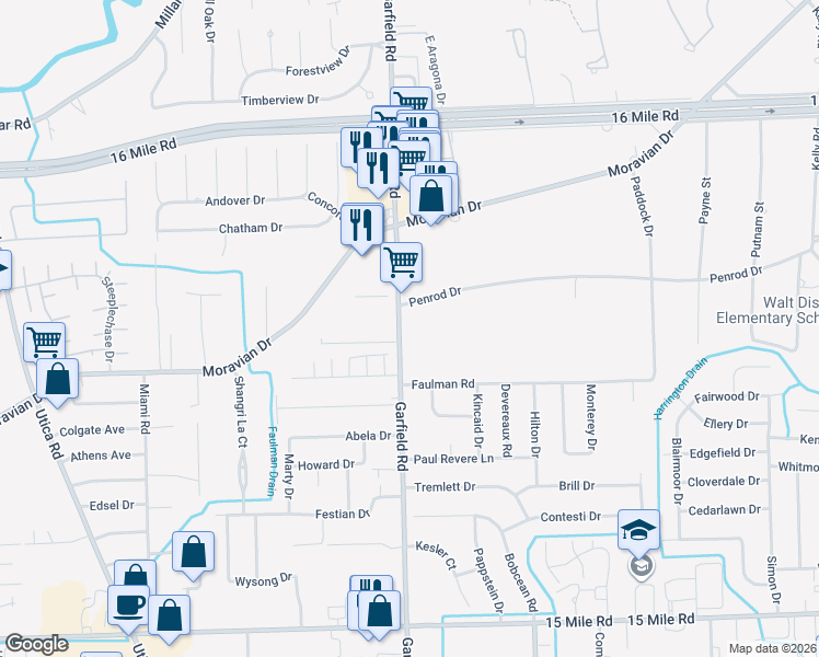 map of restaurants, bars, coffee shops, grocery stores, and more near 36232 Garfield Road in Clinton Township