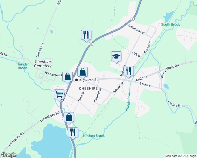 map of restaurants, bars, coffee shops, grocery stores, and more near 127 Church Street in Cheshire