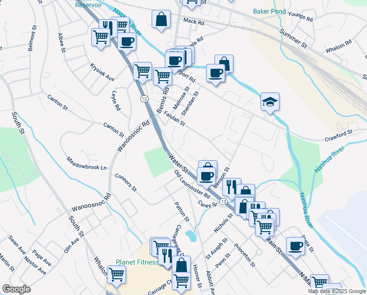 map of restaurants, bars, coffee shops, grocery stores, and more near 48 Hartford Street in Fitchburg
