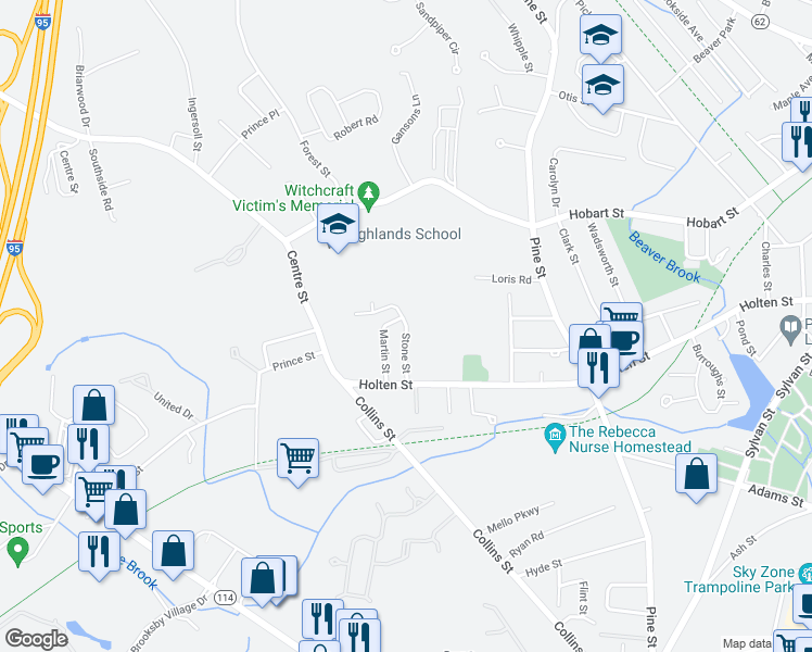 map of restaurants, bars, coffee shops, grocery stores, and more near 11 Stone Street in Danvers