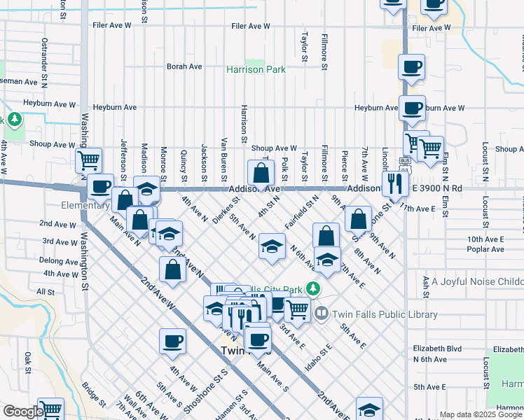 map of restaurants, bars, coffee shops, grocery stores, and more near 430 6th Avenue North in Twin Falls