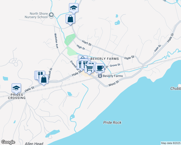 map of restaurants, bars, coffee shops, grocery stores, and more near 24 West Street in Beverly