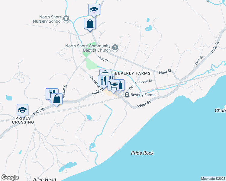 map of restaurants, bars, coffee shops, grocery stores, and more near 24 West Street in Beverly