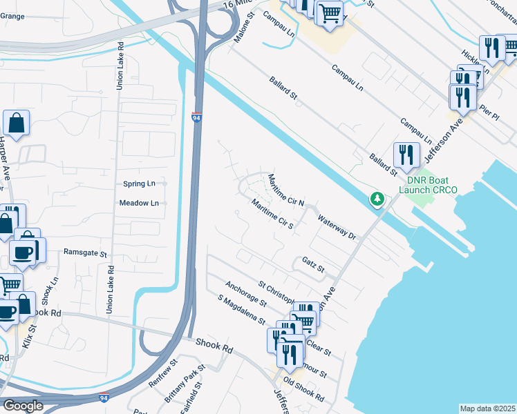 map of restaurants, bars, coffee shops, grocery stores, and more near 25688 Maritime Circle South in Harrison Township