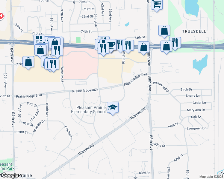 map of restaurants, bars, coffee shops, grocery stores, and more near 9300 Prairie Ridge Boulevard in Pleasant Prairie