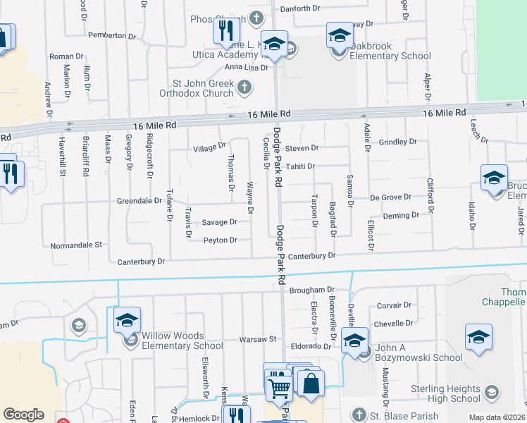map of restaurants, bars, coffee shops, grocery stores, and more near 36470 Wayne Drive in Sterling Heights