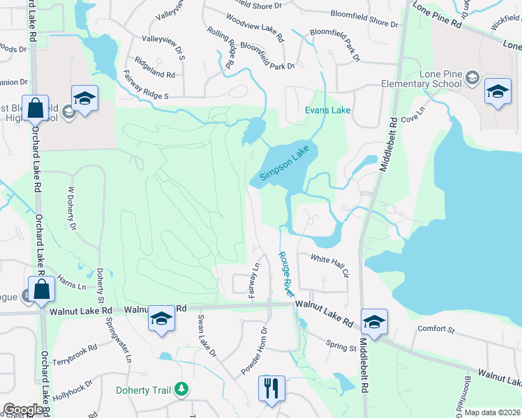 map of restaurants, bars, coffee shops, grocery stores, and more near 5227 Simpson Lake Road in West Bloomfield Township